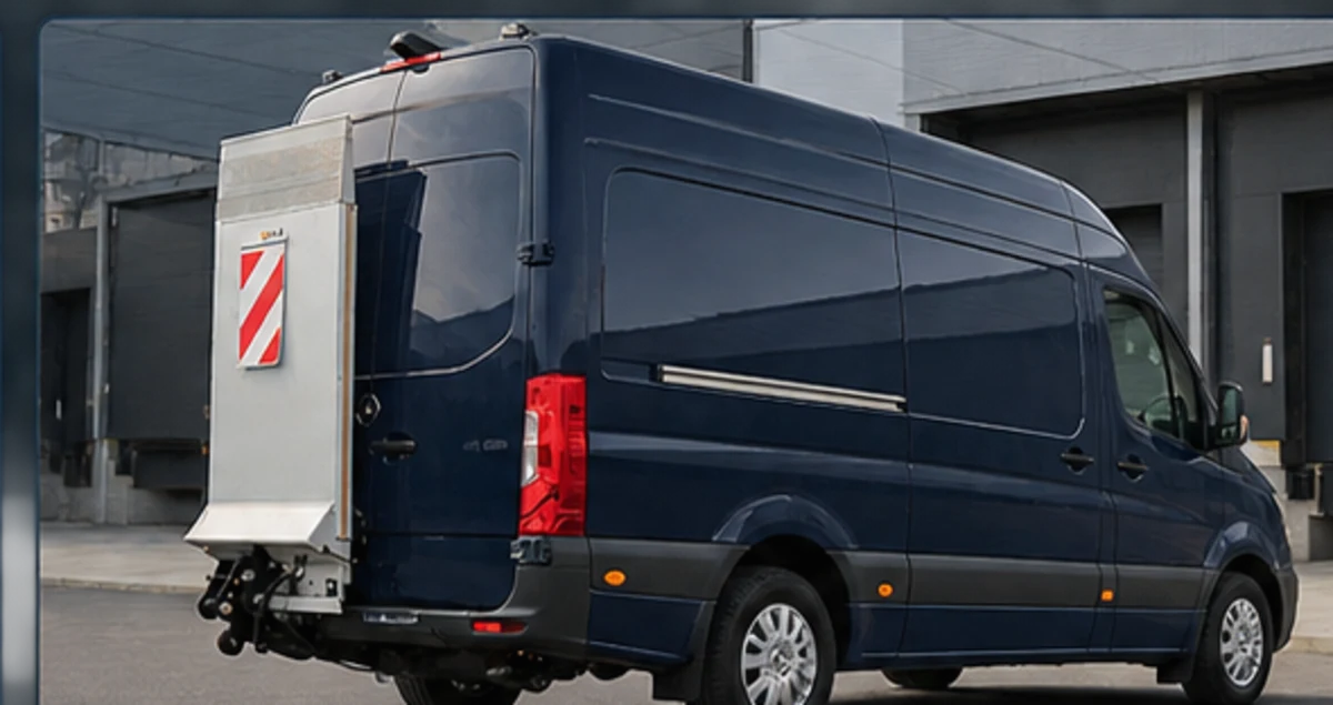 Dark blue Mercedes-Benz Sprinter high roof with rear tail-lift stowed on the left side